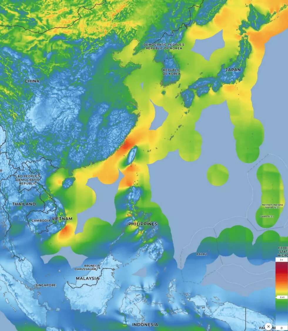 Eastern Asia has large high quality offshore wind resources